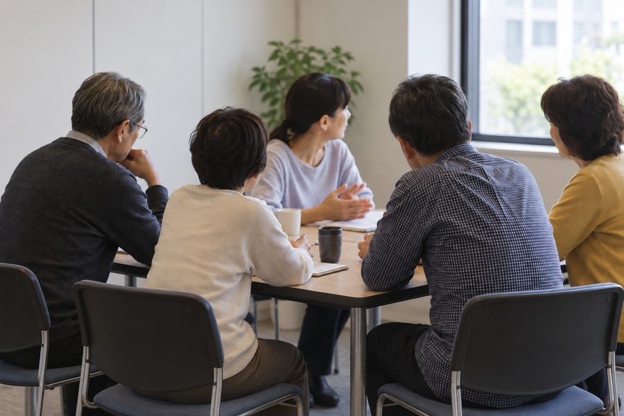 会議室のテーブルを囲んで話す人たち