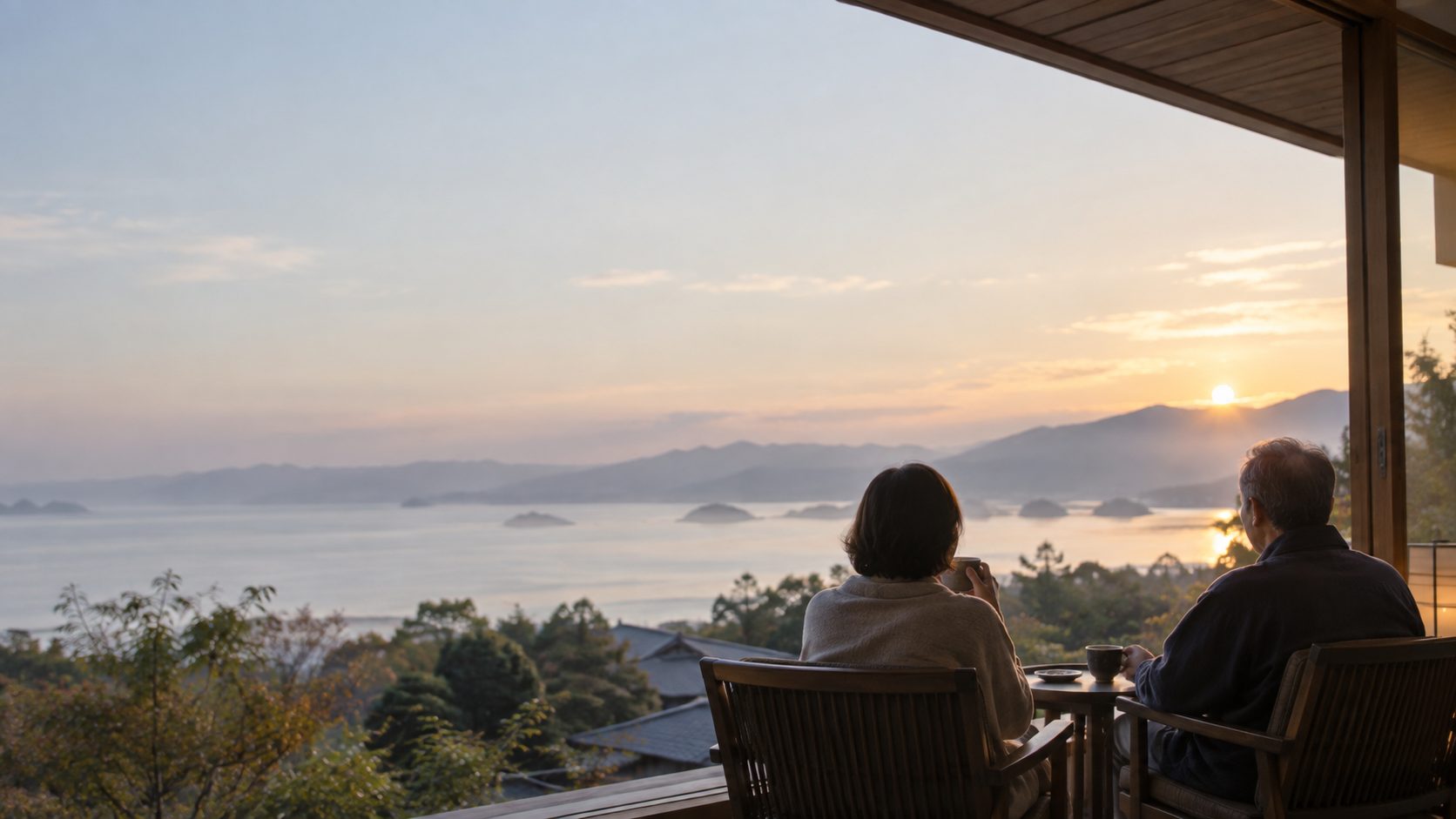 宿のテラスから、夕暮れの海と島々を眺める二人